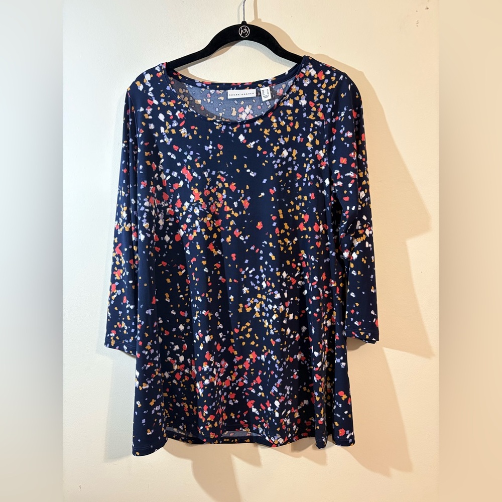 Susan Graver Women’s Small navy confetti print A-line knit tunic top 3/4 sleeves